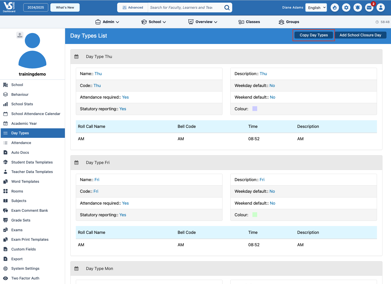Publish Timetable - Day Types